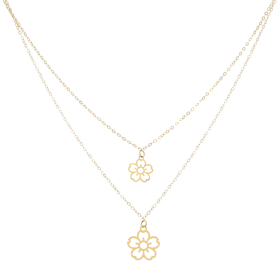 Gold Double Layered Cherry Blossoms Shaped Necklace 21KT - FKJNKL21KM9792