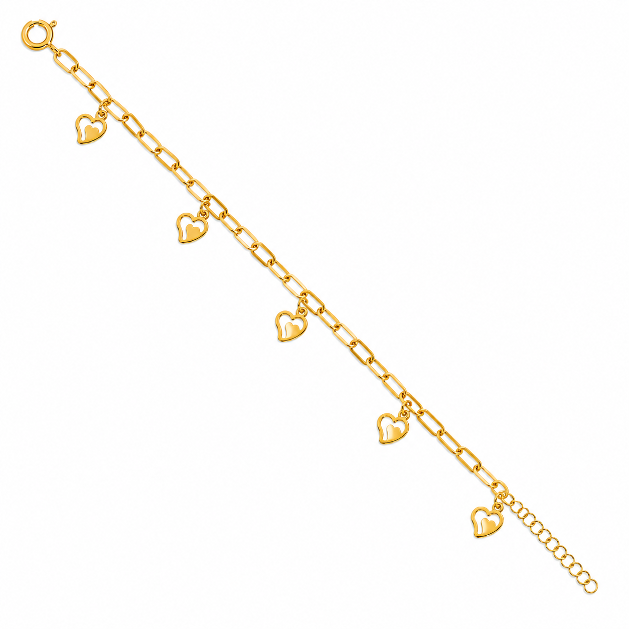 Gold Paperclip Chain Hanging Heart-Shaped Charms Bracelet 21KT - FKJBRL21KM12210