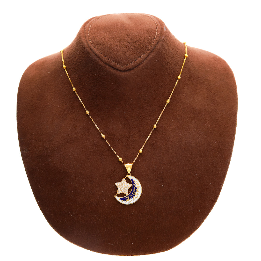 Gold Necklace (Beaded Chain with Star & Crescent Moon Pendant) 21KT - FKJNKL21KM10179