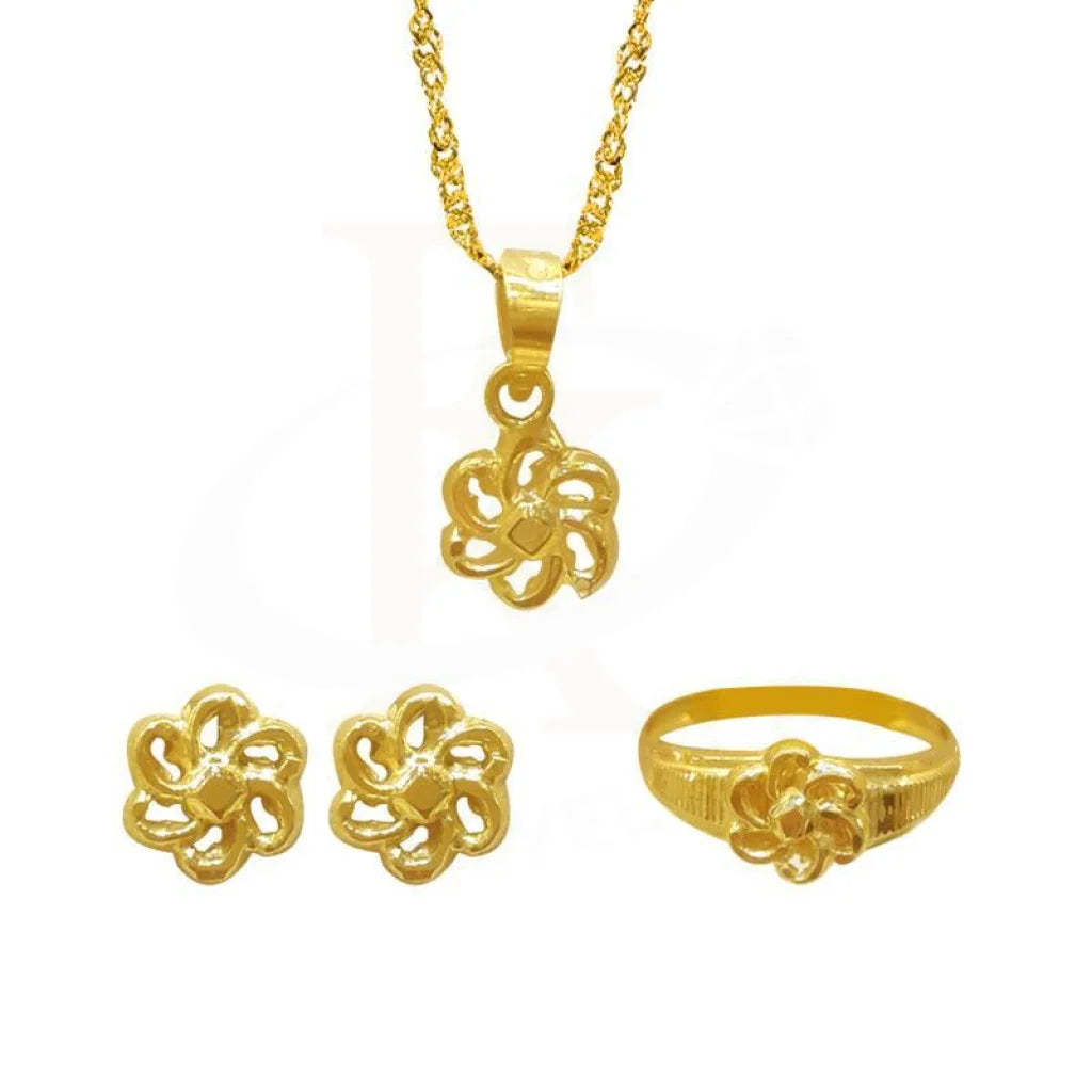 Gold Flower Pendant Set (Necklace Earrings And Ring) 18Kt - Fkjnklst1709 Sets