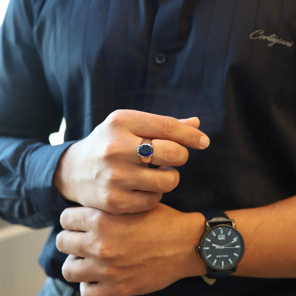 Shop Sterling Silver 925 Men's Solitaire Blue Zircon Stone Ring