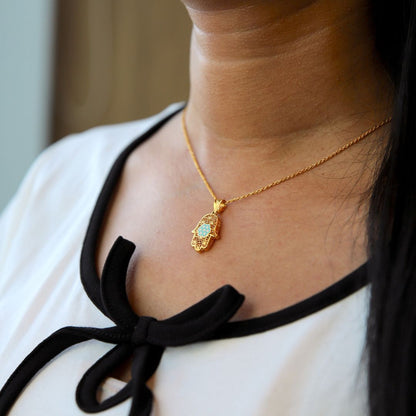 Gold Necklace (Chain With Hamsa Hand Shaped Pendant) 21KT - FKJNKL21KM9936