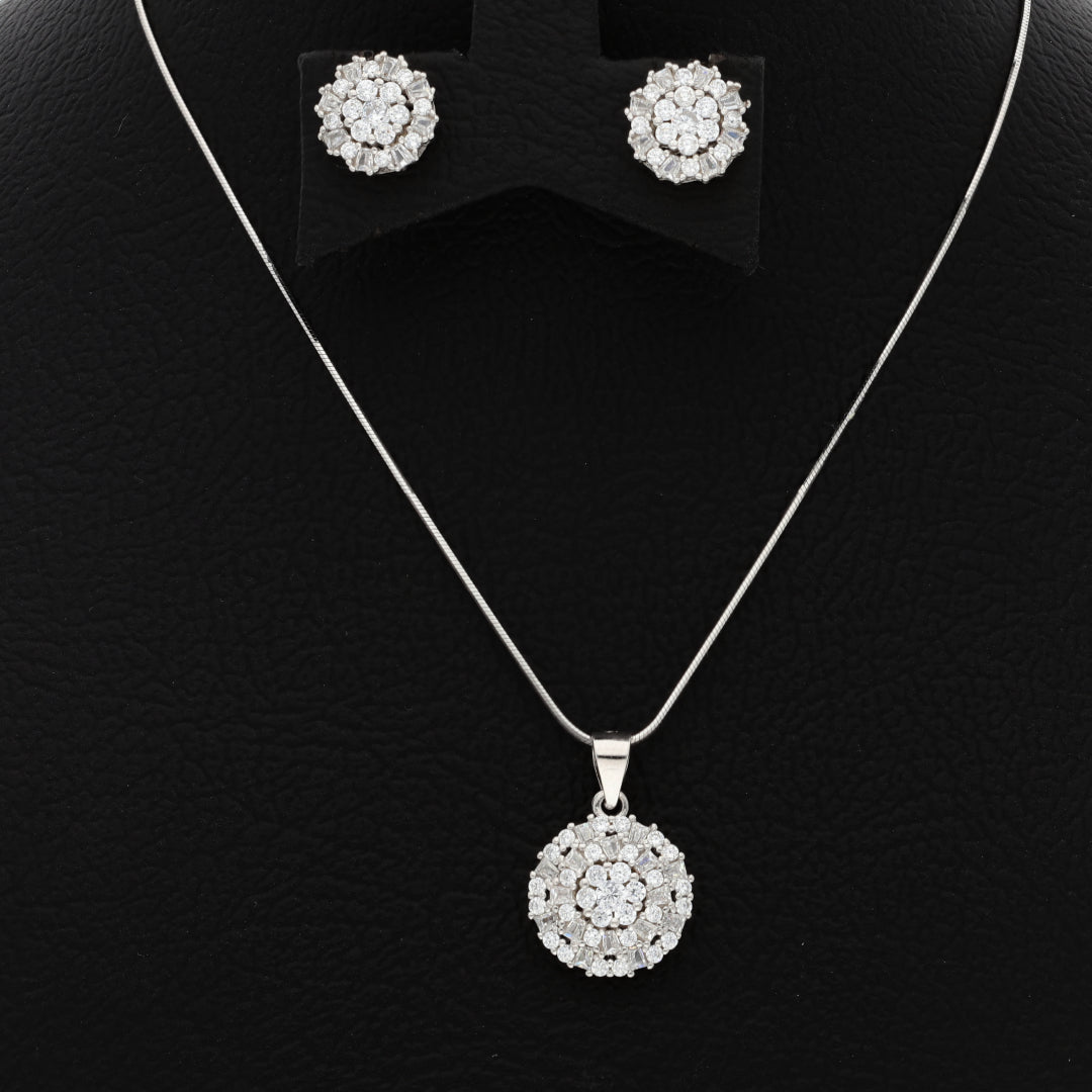 Sterling Silver 925 Round Flower Shaped Pendant Set (Necklace & Earrings) - FKJNKLSTSL9461