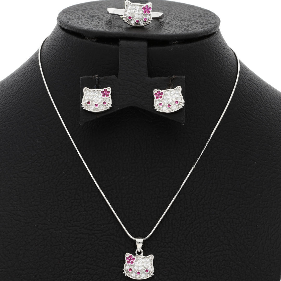 Sterling Silver 925 Hello Kitty Pendant Set (Necklace, Earrings and Ring) - FKJNKLSTSL9458