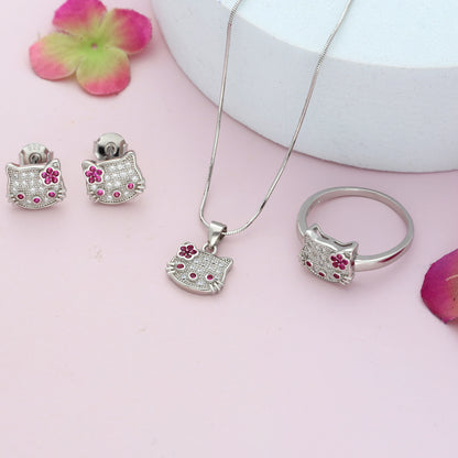 Sterling Silver 925 Hello Kitty Pendant Set (Necklace, Earrings and Ring) - FKJNKLSTSL9458