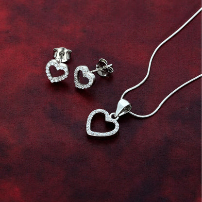 Sterling Silver 925 Heart Shaped Pendant Set (Necklace & Earrings) - FKJNKLSTSL9459