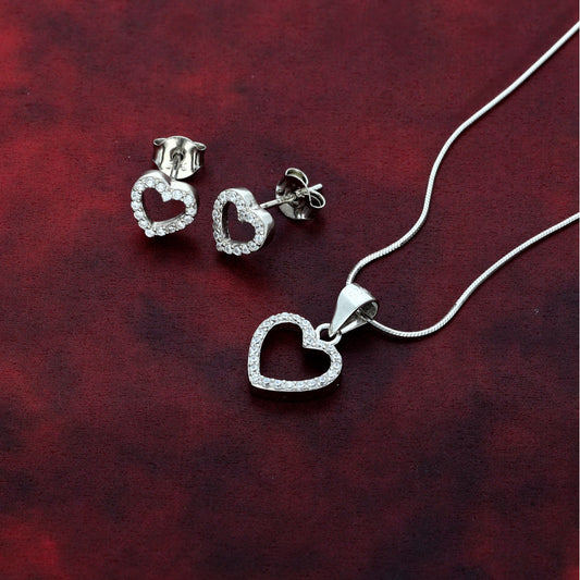 Sterling Silver 925 Heart Shaped Pendant Set (Necklace & Earrings) - FKJNKLSTSL9459