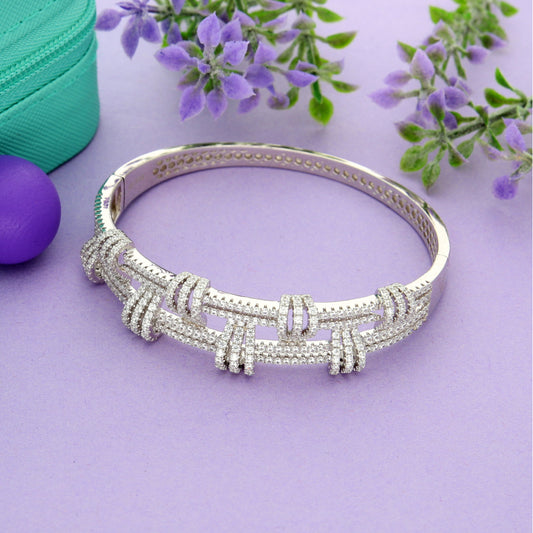 Sterling Silver 925 Double Layer Design Zirconia Bangle - FKJBNGSL9476