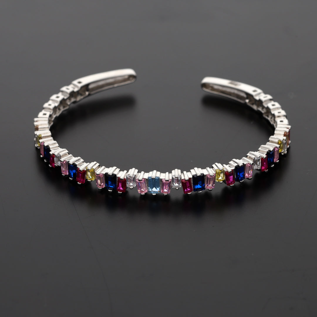 Sterling Silver 925 Multicolor Baguette Stone Studded Bangle - FKJBNGSL9477