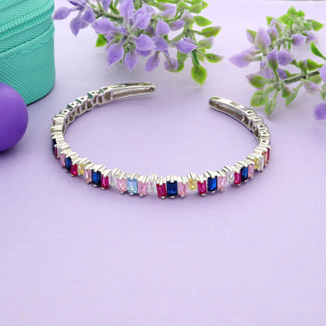 Sterling Silver 925 Multicolor Baguette Stone Studded Bangle - FKJBNGSL9477