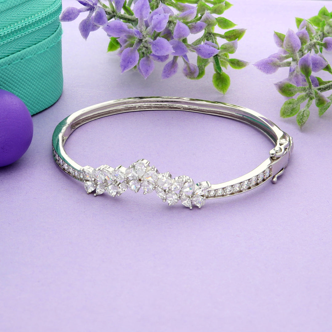 Sterling Silver 925 Flower Zirconia Bangle - FKJBNGSL9478