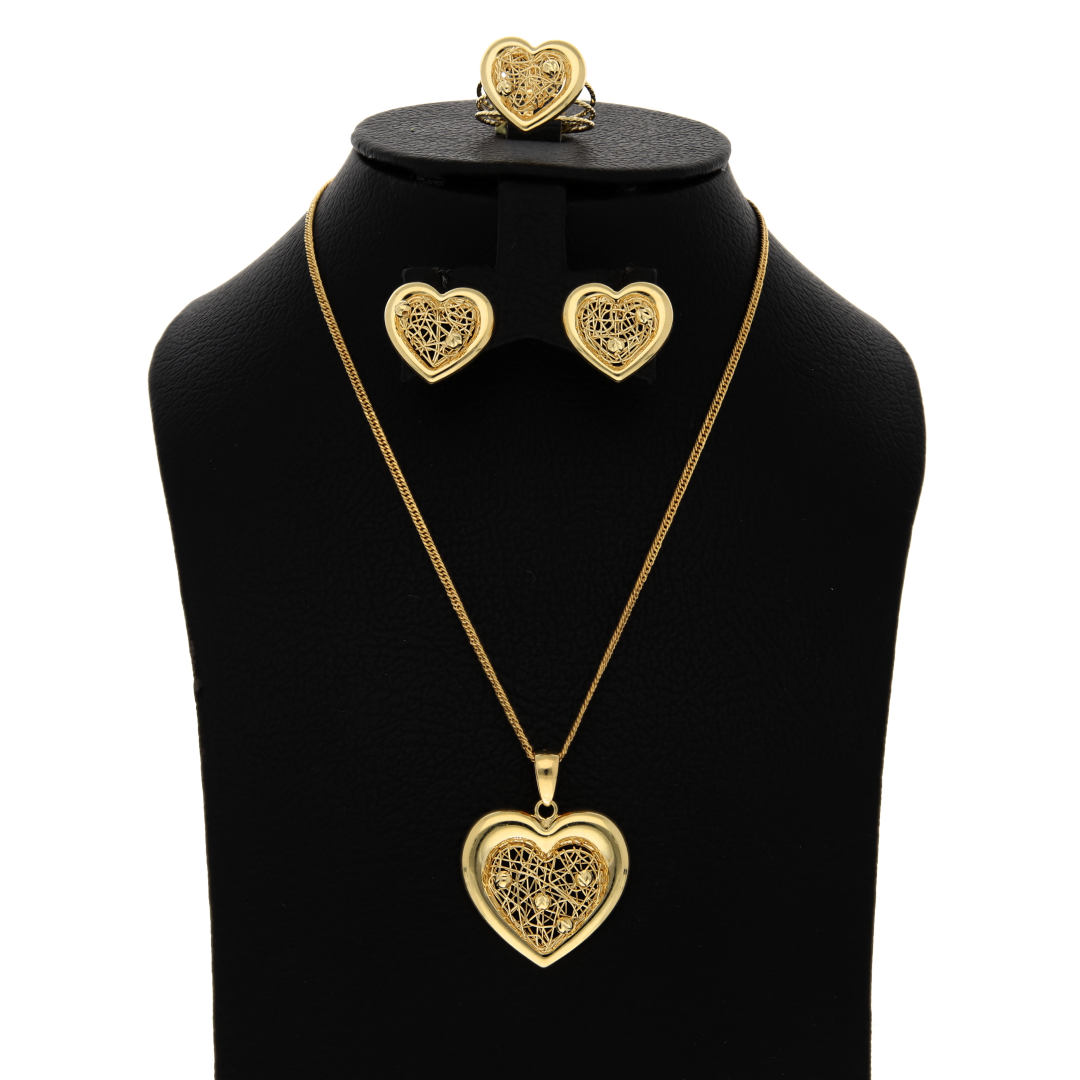 Gold Heart Shaped Pendant Set (Necklace, Earrings and Ring) 18KT - FKJNKLST18K8916