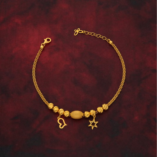 Gold Beads with Hanging Heart and Star Bracelet 21KT - FKJBRL21K9056