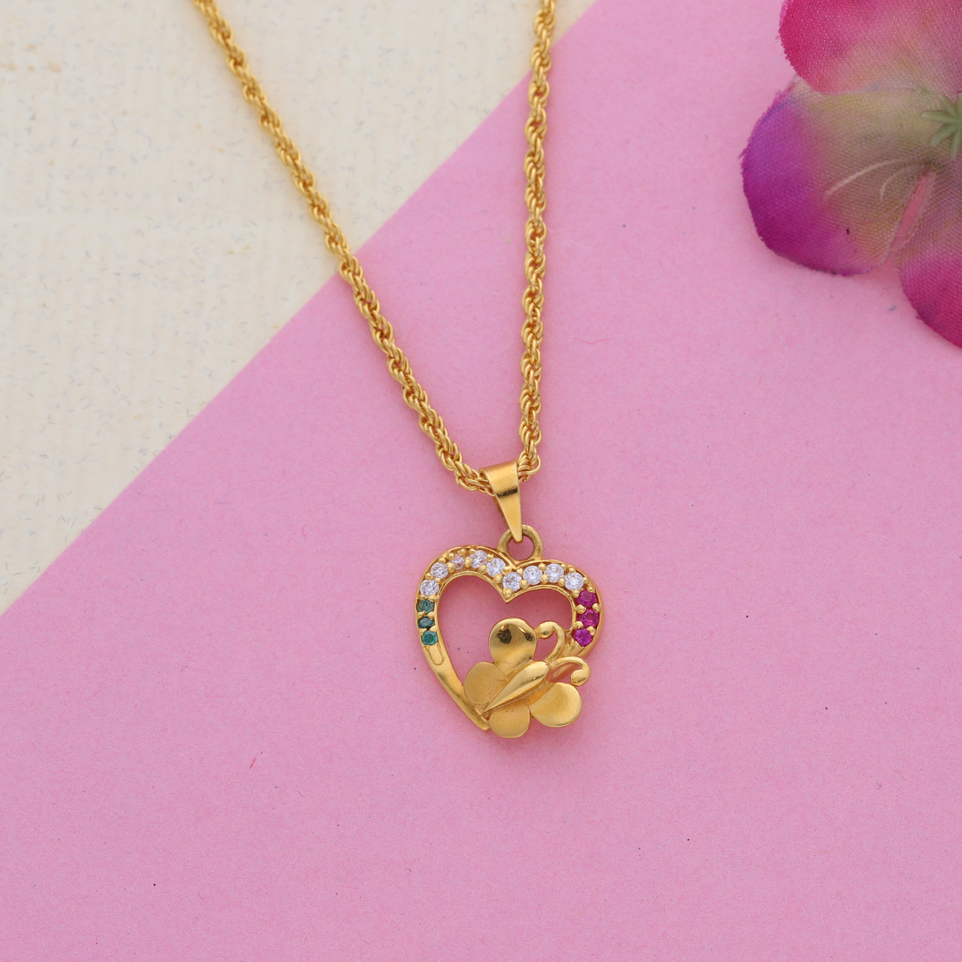 Gold Necklace (Chain with Butterfly with Heart Shaped Pendant) 22KT - FKJNKL22K9064