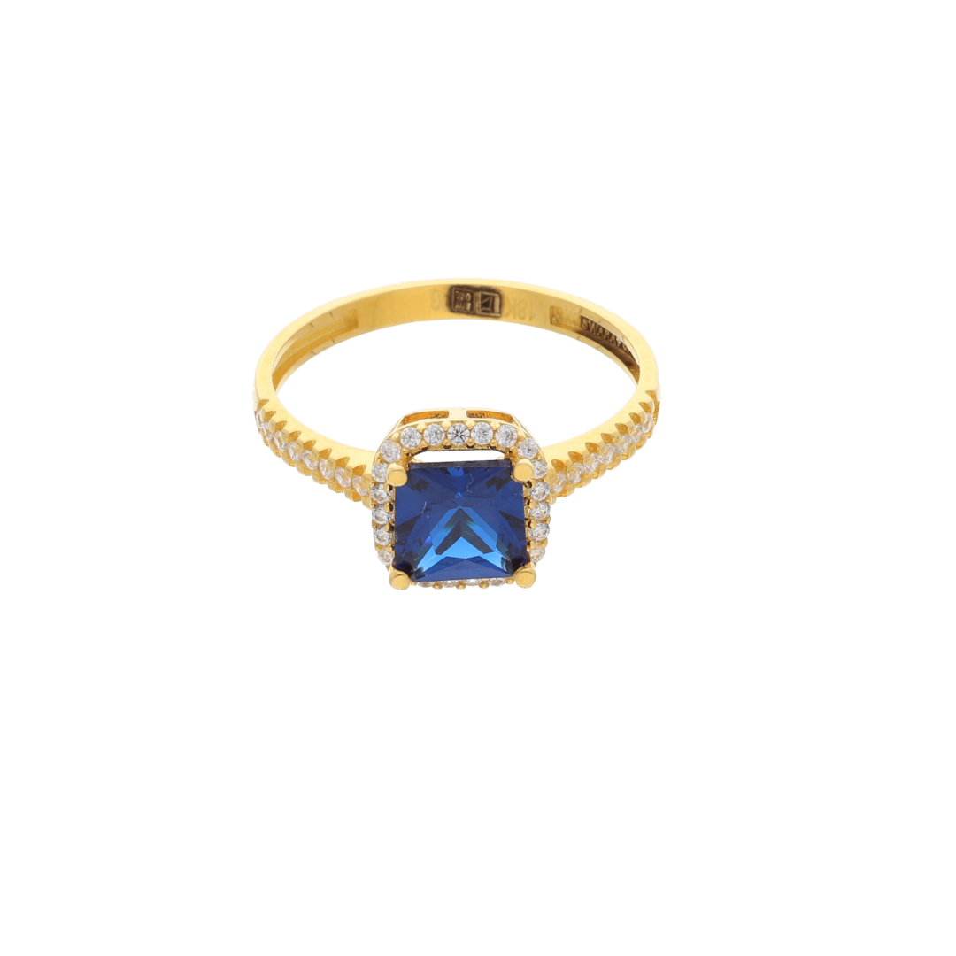 Gold Emerald Cut Blue Sapphire Zirconia Halo Ring 18KT - FKJRN18K9228