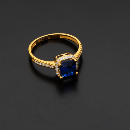 Gold Emerald Cut Blue Sapphire Zirconia Halo Ring 18KT - FKJRN18K9228