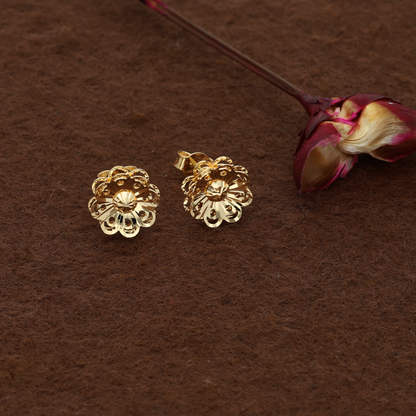 Gold Stud Round Shaped Flower Earrings 18KT - FKJERN18K9283