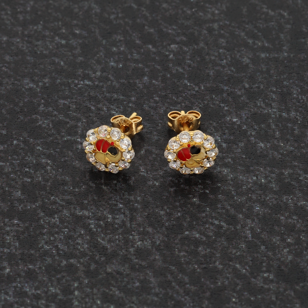 Gold Round Shaped Flower Earrings 18KT - FKJERN18K9277