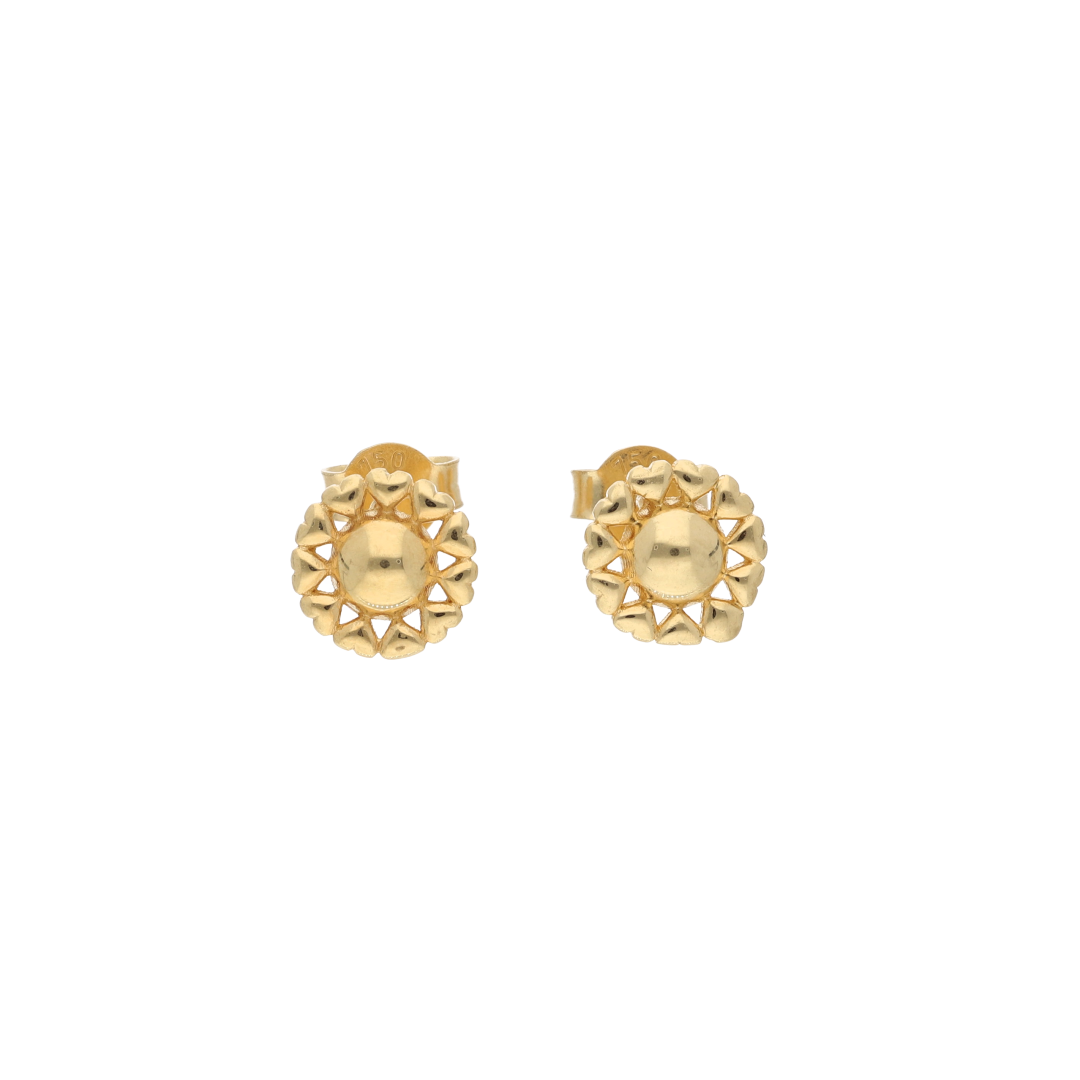 Gold Heart Shaped Round Flower Earrings 18KT - FKJERN18K9289