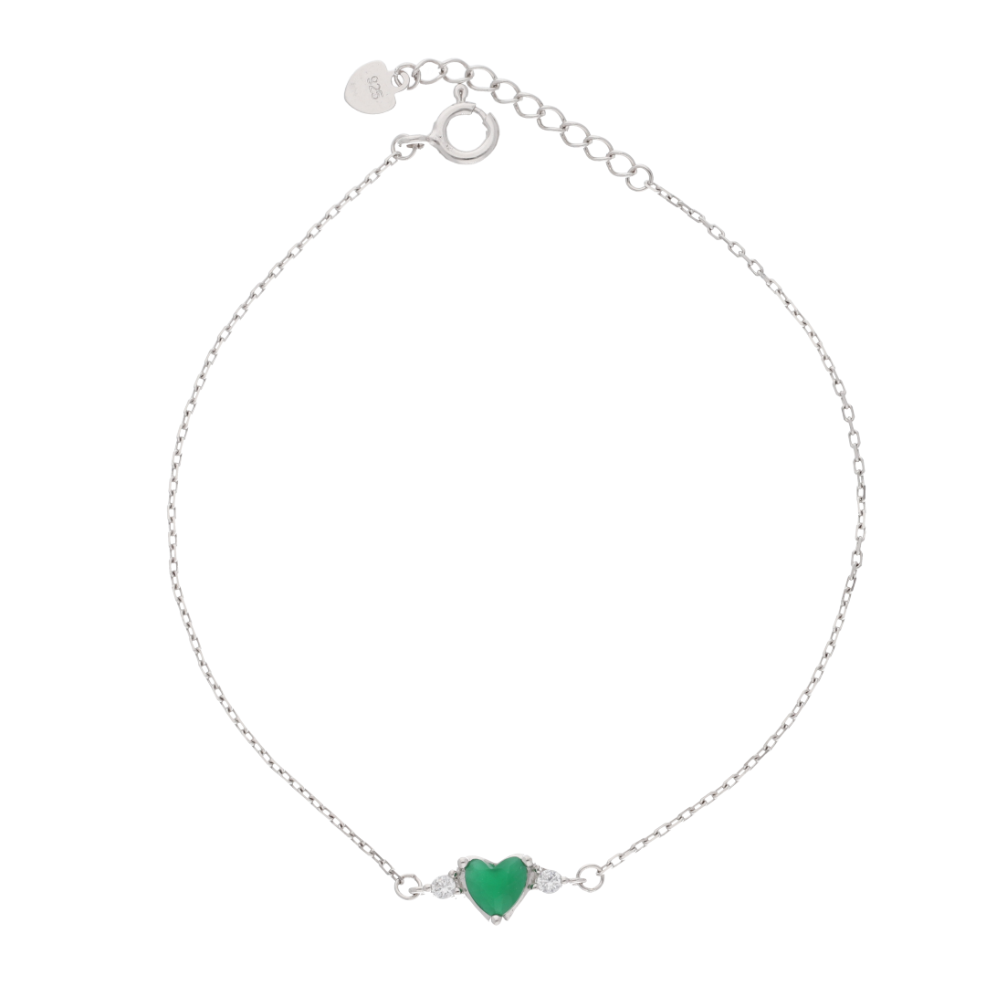 Sterling Silver 925 Green Heart Shaped Curb Bracelet - FKJBRLSL9334