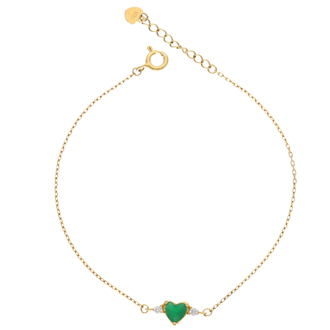 Sterling Silver 925 Green Heart Shaped Gold Plated Curb Bracelet - FKJBRLSL9335