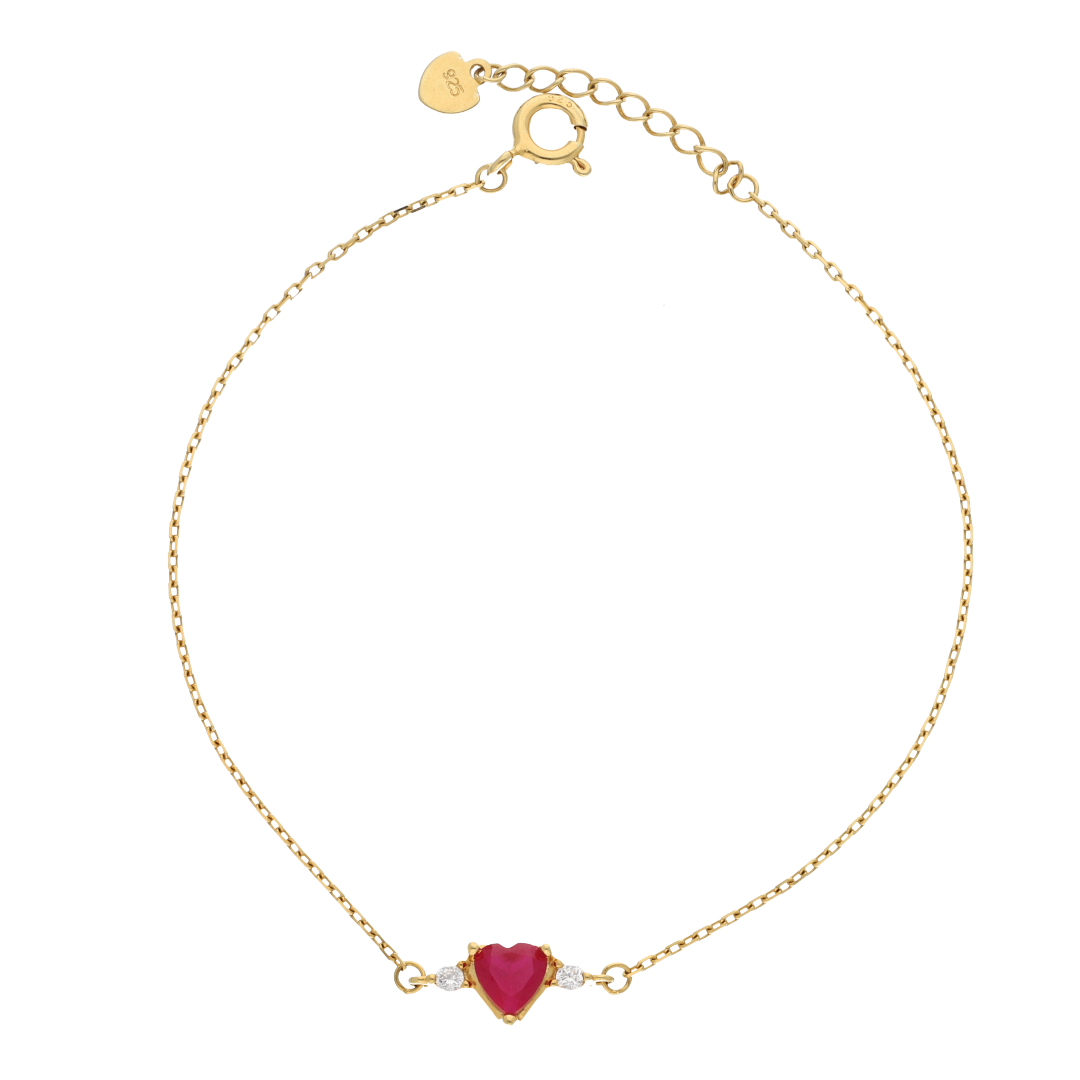 Sterling Silver 925 Red Heart Shaped Gold Plated Curb Bracelet - FKJBRLSL9336