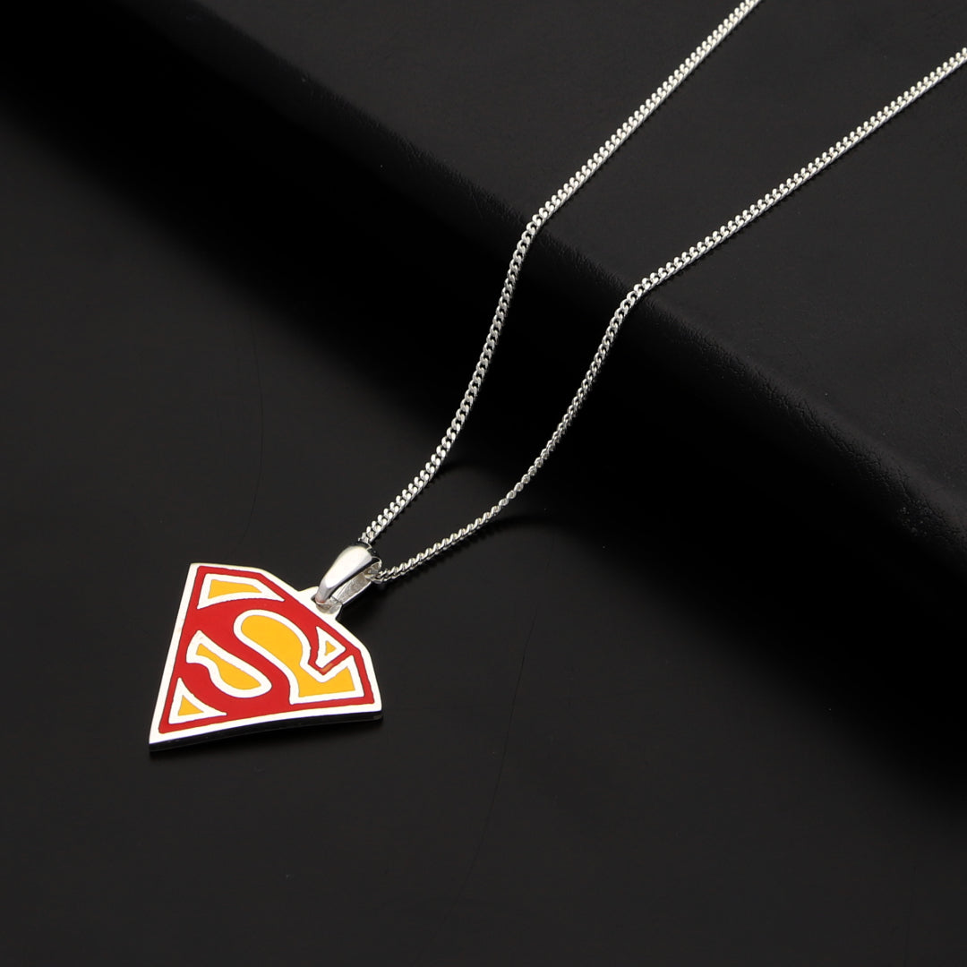 Superman Hero Shield Pendant Necklace – 22 Inch Silver-Tone 925 Chain, Men's & Women's Comic Book Jewelry
