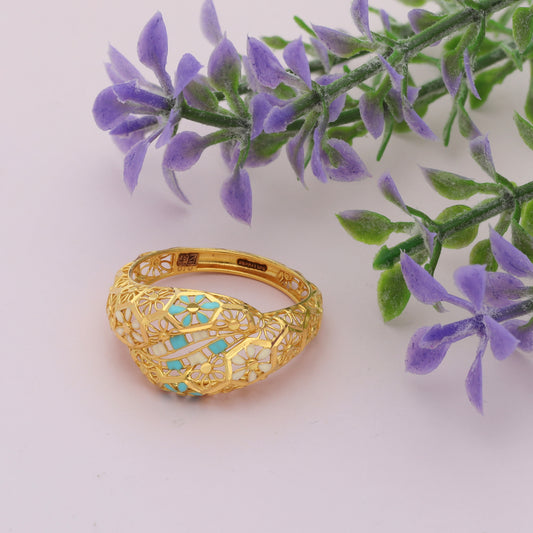 Gold Turquoise Flower Design Ring 21KT - FKJRN21KM9678