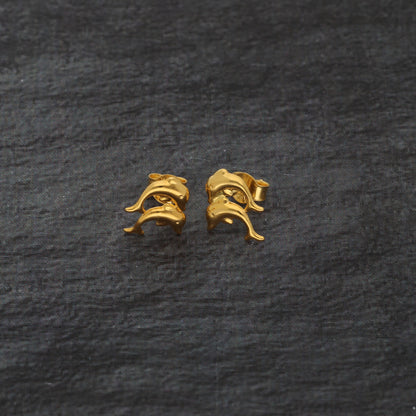 Gold Double Dolphin Shaped Stud Clip Earrings 21KT - FKJERN21KM9589