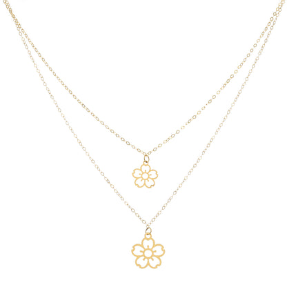 Gold Double Layered Cherry Blossoms Shaped Necklace 21KT - FKJNKL21KM9792