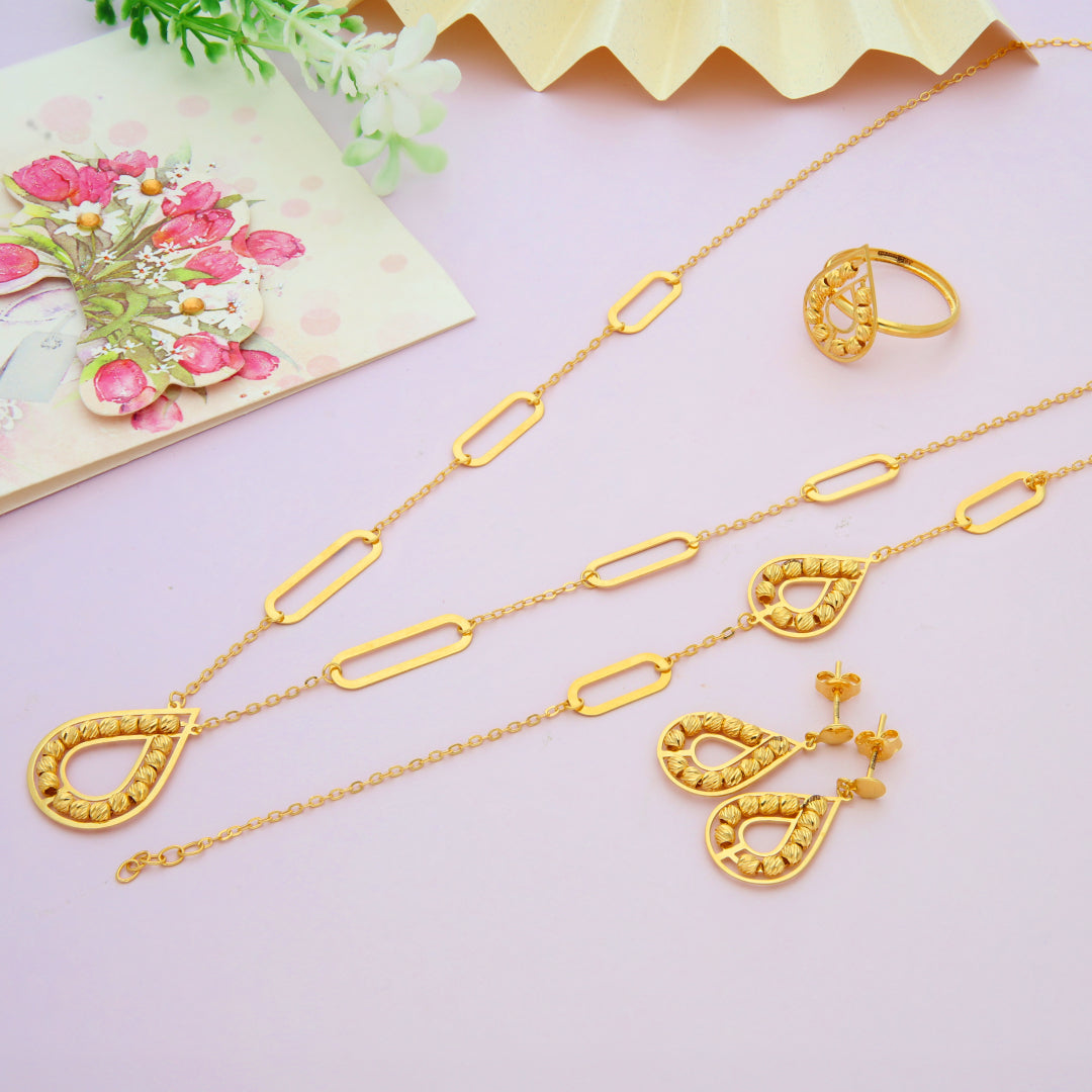 Gold Beaded Tear Drop Shaped Pendant Set (Necklace, Bracelet, Earrings and Ring) 21KT - FKJNKLST21KM9855