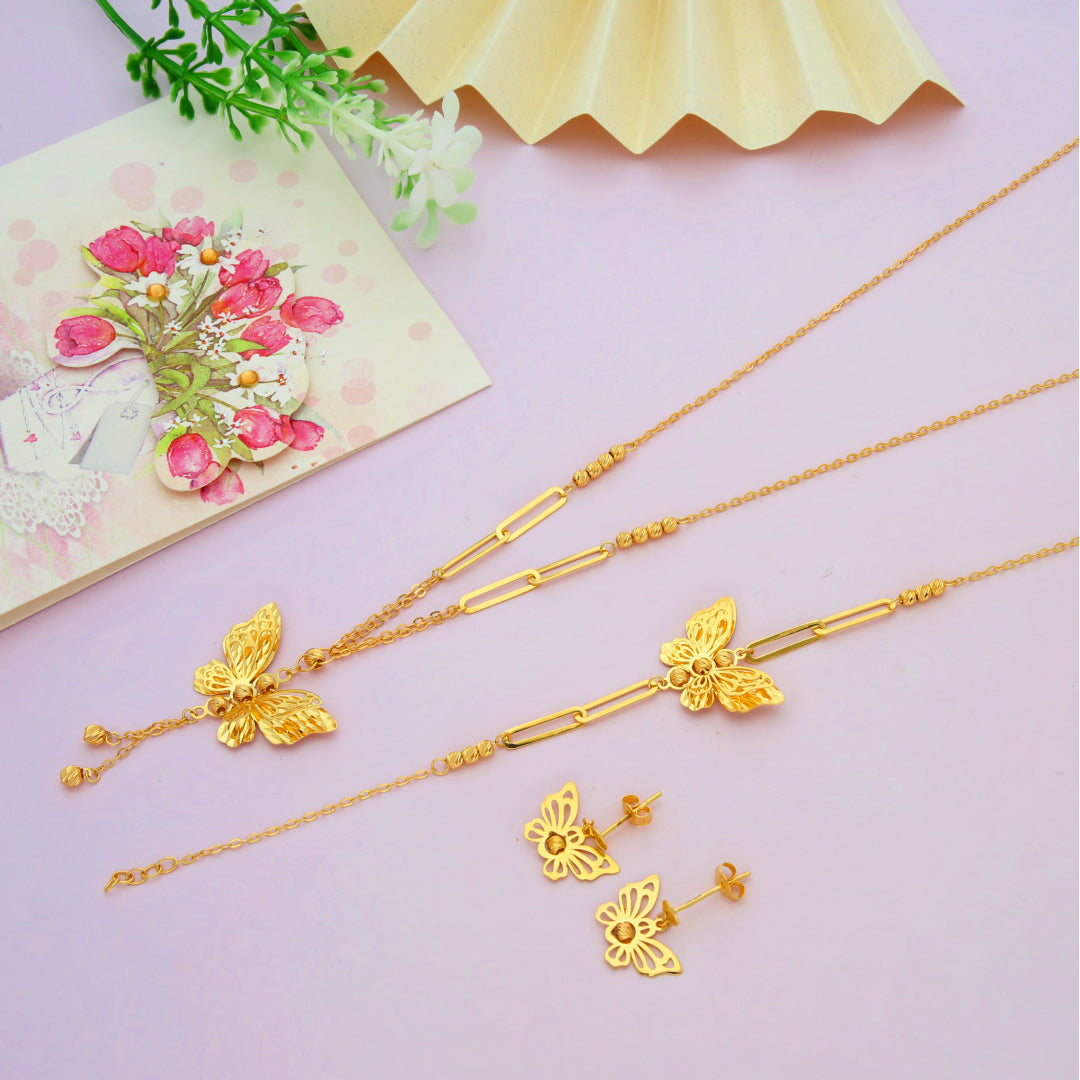 Gold Hanging Butterfly Shaped Pendant Set (Necklace, Bracelet and Earrings) 21KT - FKJNKLST21KM9858