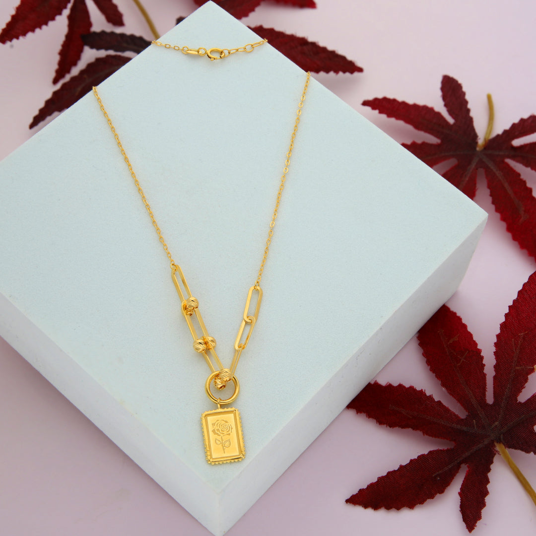 Gold Rose Engraved Tag Shaped Necklace 21KT - FKJNKL21KM9860