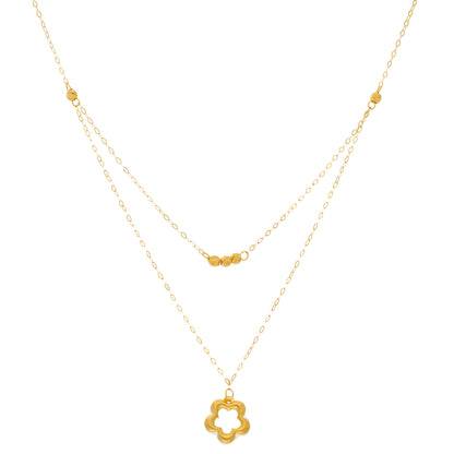 Gold Double Layered Necklace (Chain With Hollow Flower Shaped Pendant) 21KT - FKJNKL21KM9893