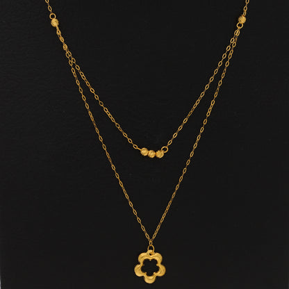 Gold Double Layered Necklace (Chain With Hollow Flower Shaped Pendant) 21KT - FKJNKL21KM9893