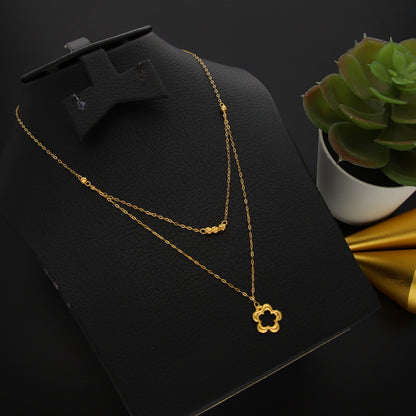 Gold Double Layered Necklace (Chain With Hollow Flower Shaped Pendant) 21KT - FKJNKL21KM9893