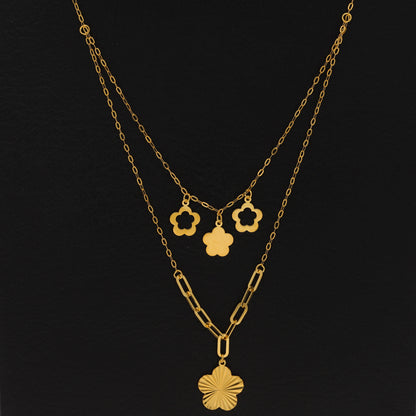 Gold Double Layered Necklace (Chain With Flower Shaped Pendant) 21KT - FKJNKL21KM9896