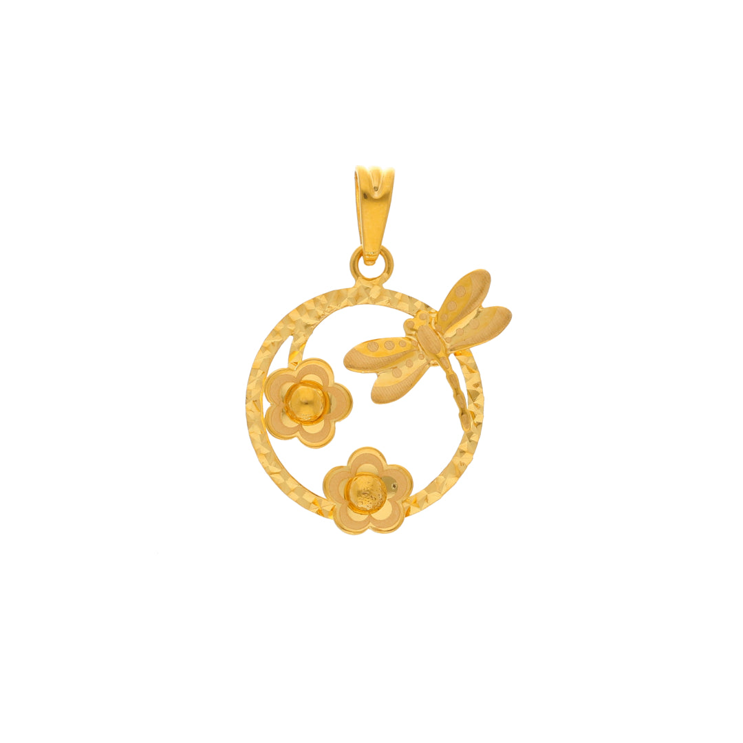 Gold Dragonfly & Flowers in Hollow Circle Shaped Pendant 21KT - FKJPND21KM9931