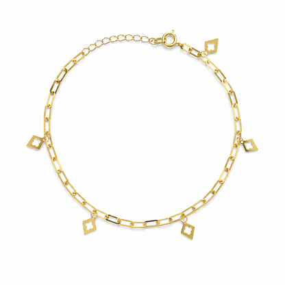 Gold Paperclip Chain Hanging Diamond-Shaped Clover Charms Bracelet 21KT - FKJBRL21KM12194