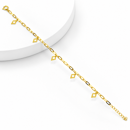 Gold Paperclip Chain Hanging Diamond-Shaped Clover Charms Bracelet 21KT - FKJBRL21KM12194