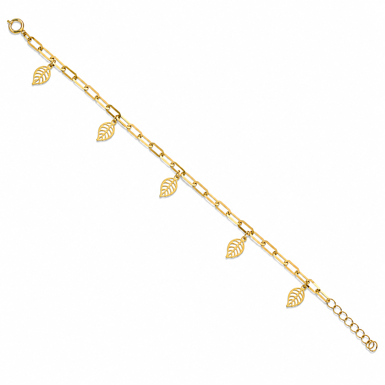 Gold Paperclip Chain Hanging Leaf-Shaped Charms Bracelet 21KT - FKJBRL21KM12195