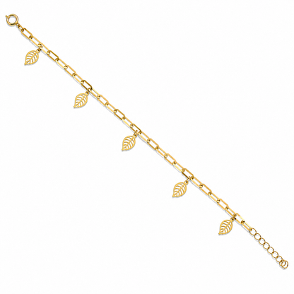 Gold Paperclip Chain Hanging Leaf-Shaped Charms Bracelet 21KT - FKJBRL21KM12195