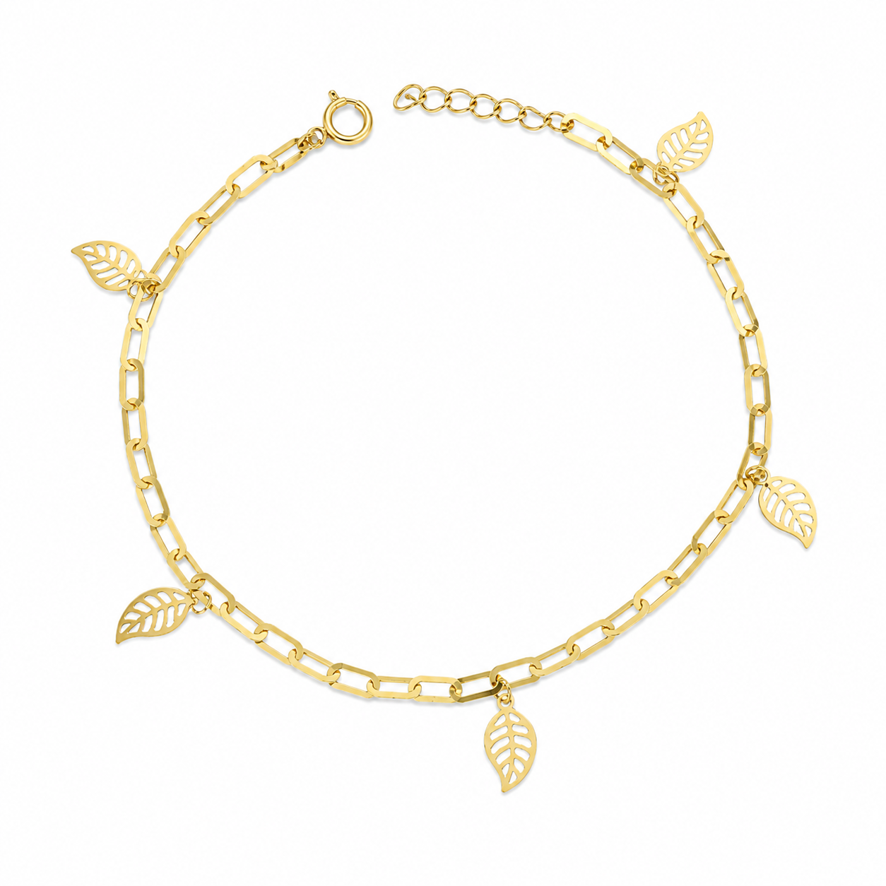 Gold Paperclip Chain Hanging Leaf-Shaped Charms Bracelet 21KT - FKJBRL21KM12195
