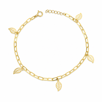 Gold Paperclip Chain Hanging Leaf-Shaped Charms Bracelet 21KT - FKJBRL21KM12195