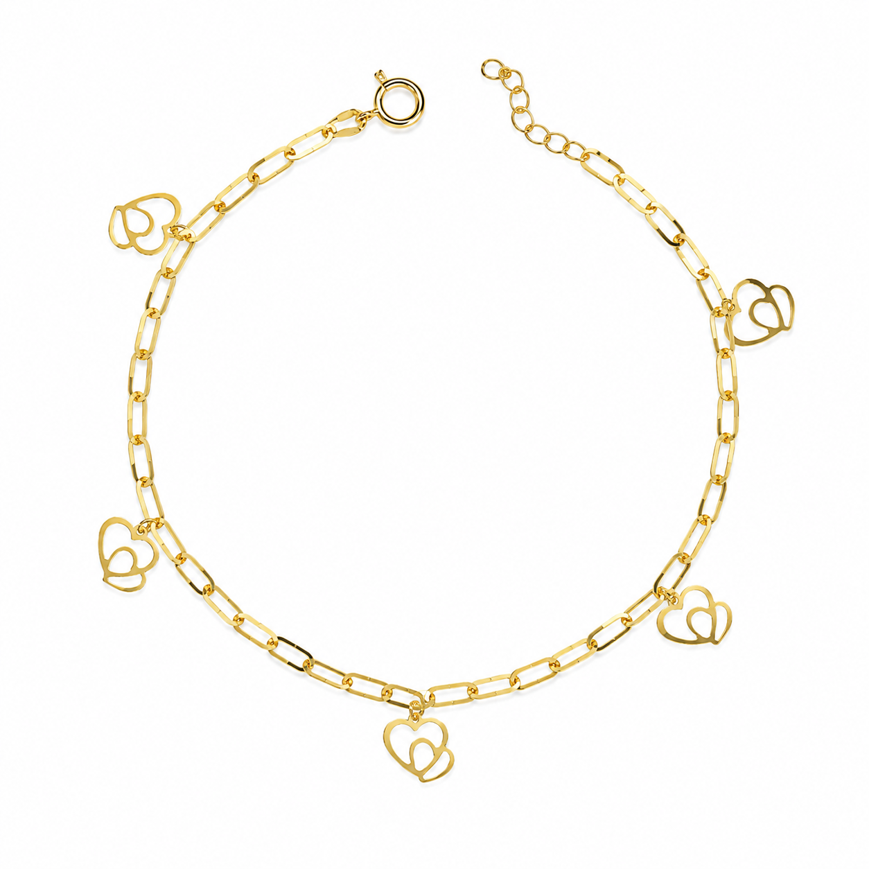 Gold Paperclip Chain Hanging Hearts-Shaped Charms Bracelet 21KT - FKJBRL21KM12196