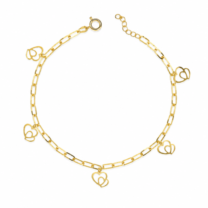 Gold Paperclip Chain Hanging Hearts-Shaped Charms Bracelet 21KT - FKJBRL21KM12196