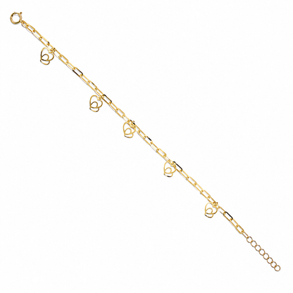 Gold Paperclip Chain Hanging Hearts-Shaped Charms Bracelet 21KT - FKJBRL21KM12196