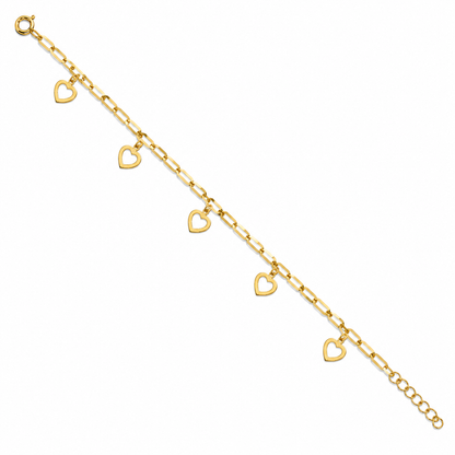Gold Paperclip Chain Hanging Heart-Shaped Charms Bracelet 21KT - FKJBRL21KM12197