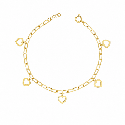 Gold Paperclip Chain Hanging Heart-Shaped Charms Bracelet 21KT - FKJBRL21KM12197