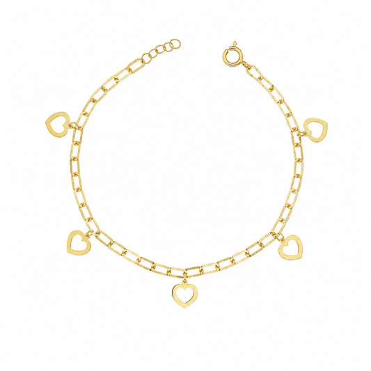 Gold Paperclip Chain Hanging Heart-Shaped Charms Bracelet 21KT - FKJBRL21KM12197